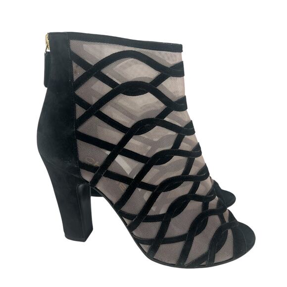 Chanel 2018 Black Suede Mesh Peep Toe CC Logo Ankle Boots - Picture 4 of 16